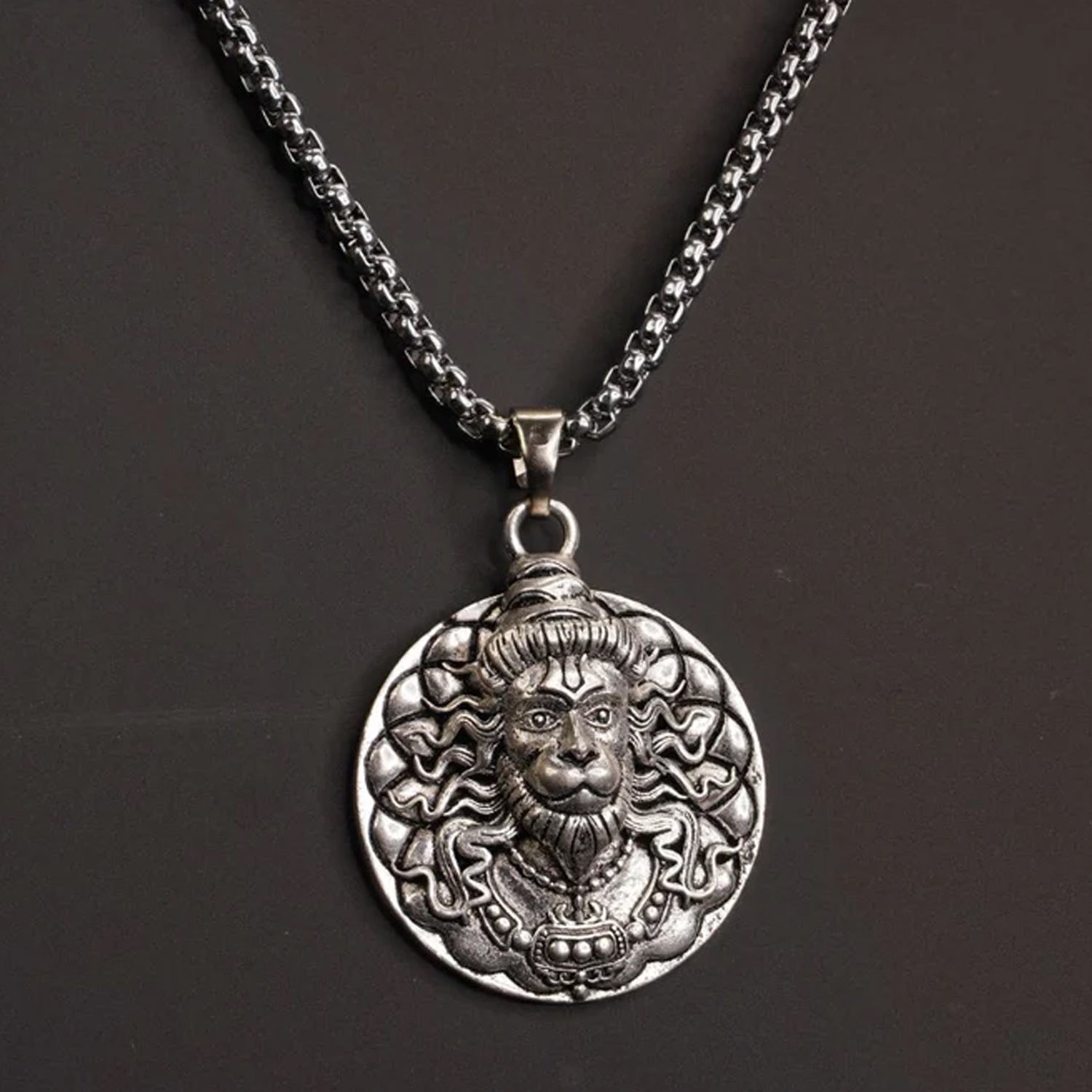 Wukusy Hanuman face locket pendant on chain bracelet, detailed metal design with religious symbol, adjustable chain, 1-piece.