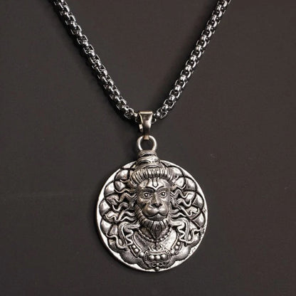 Wukusy Hanuman face locket pendant on chain bracelet, detailed metal design with religious symbol, adjustable chain, 1-piece.
