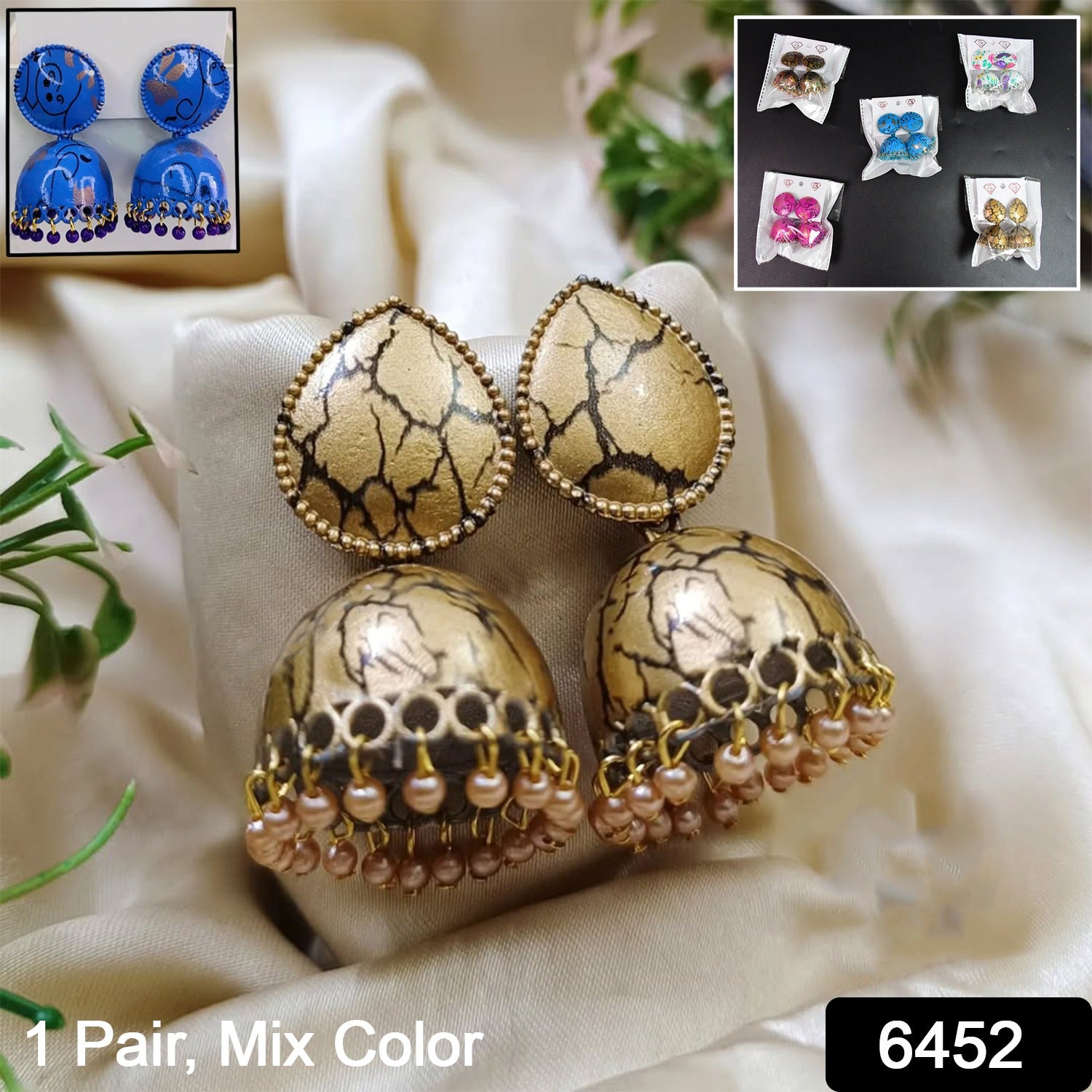 Colorful Wukusy jhumka earrings with traditional buti design for women and girls, featuring intricate mixed-color patterns.