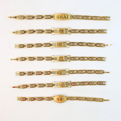 Wukusy metal Rakhi bracelet for brothers with chain design and wording, featuring a mix of decorative elements, one piece.