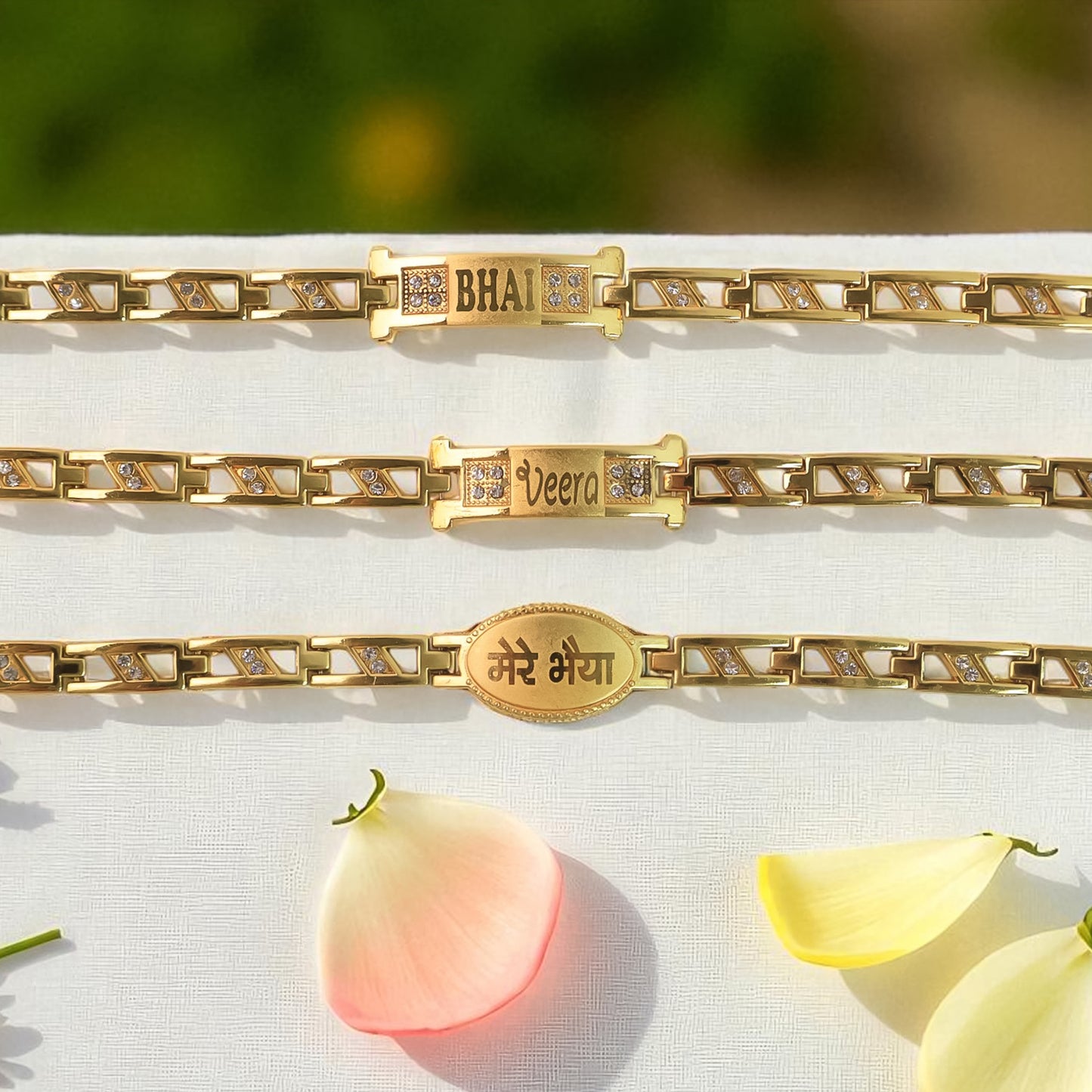 Wukusy metal Rakhi bracelet for brother with chain design and wording, mix of styles, suitable for sibling Raksha Bandhan celebrations.