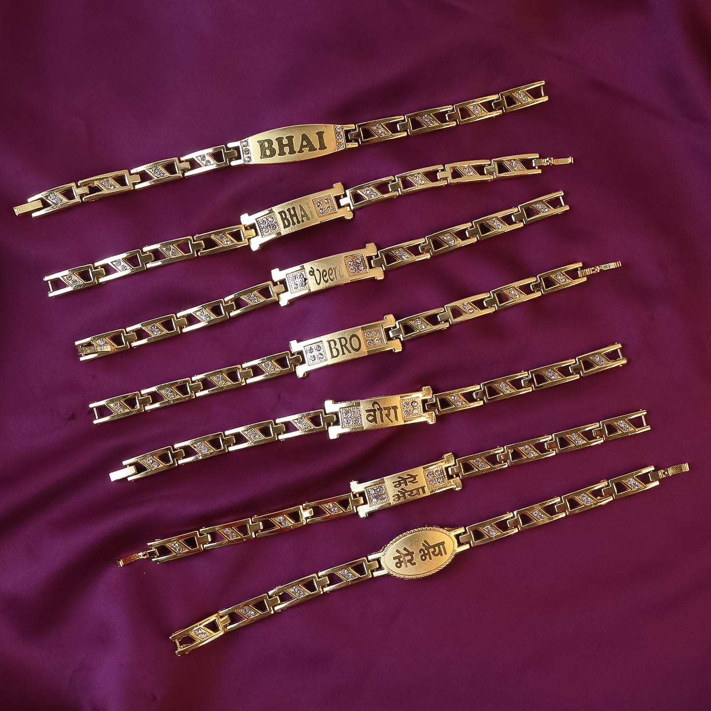 Wukusy metal Rakhi bracelet for brother, chain style with decorative wording, mixed design, single piece, traditional festival jewelry
