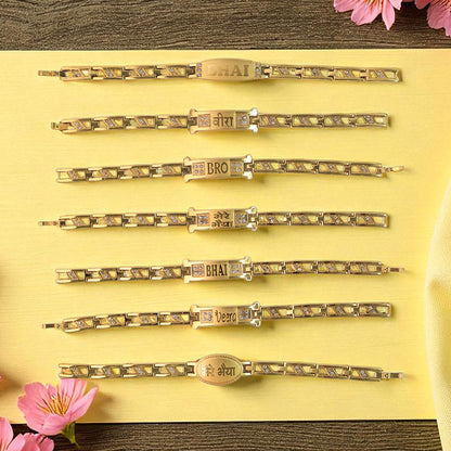 Wukusy metal Rakhi bracelet for brother with chain design and wording, mix of styles, close-up view of the bracelet.