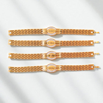 Wukusy metal chain style Rakhi bracelet for brother with mixed designs, featuring intricate patterns and a sleek finish.