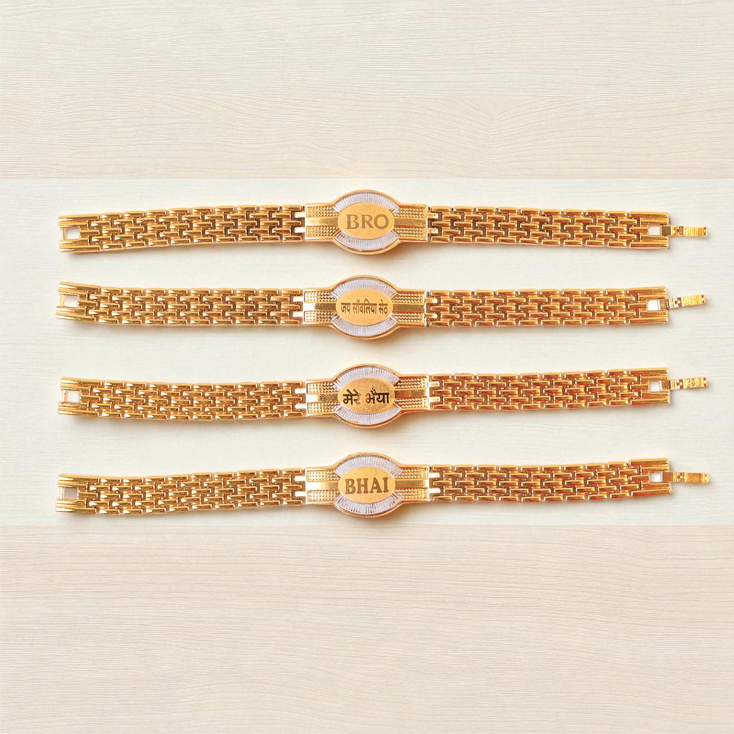 Wukusy metal chain-style Rakhi bracelet for brother with mixed designs, featuring intricate metal details and craftsmanship.