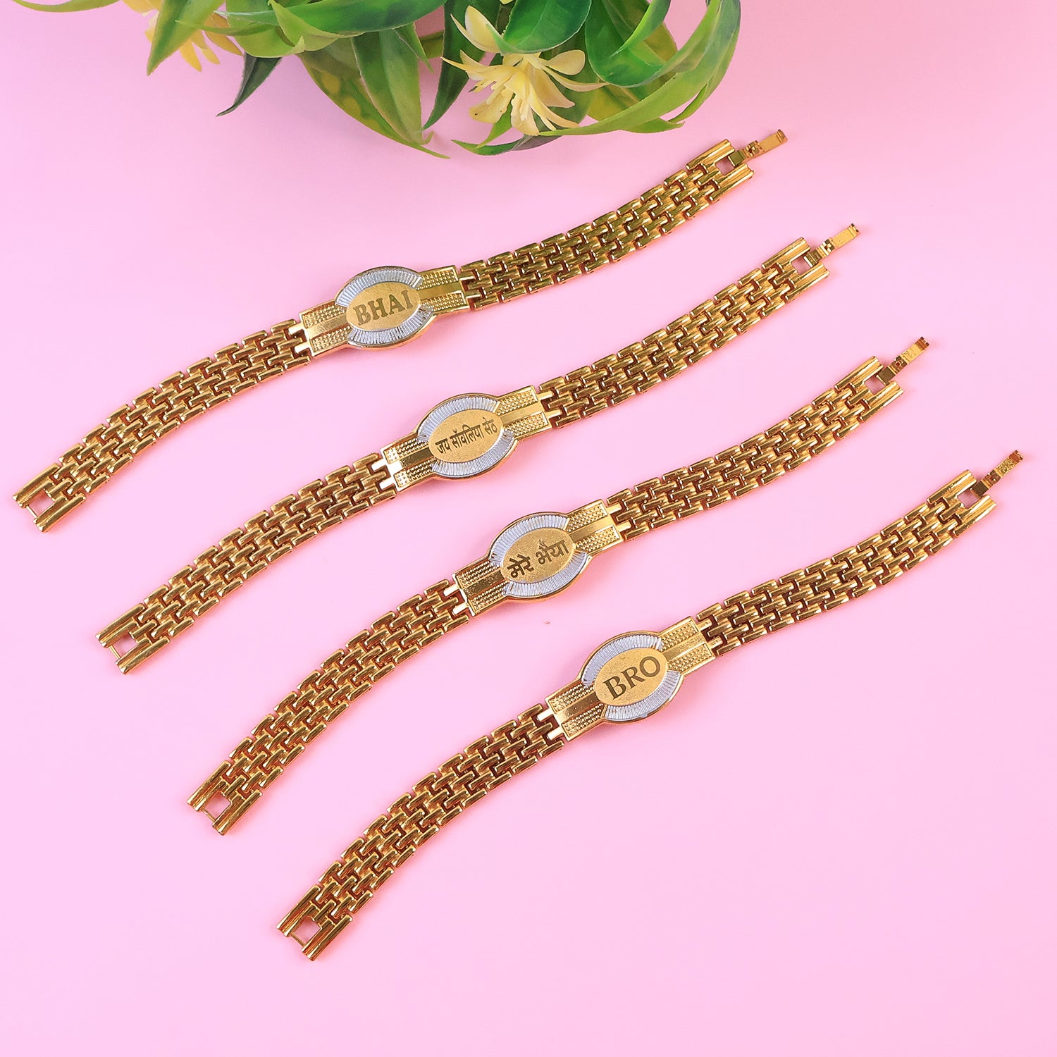 Wukusy metal chain-style Rakhi bracelet for brother with mixed designs, featuring intricate metal links and decorative accents.