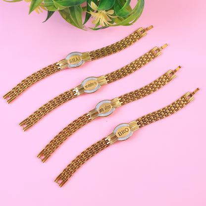 Wukusy metal chain-style Rakhi bracelet for brother with mixed designs, featuring intricate metal links and decorative accents.