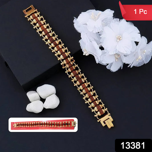 Golden modern Rudraksha bracelet Rakhi for brother from Wukusy, featuring traditional Rudraksha beads on a stylish bracelet.