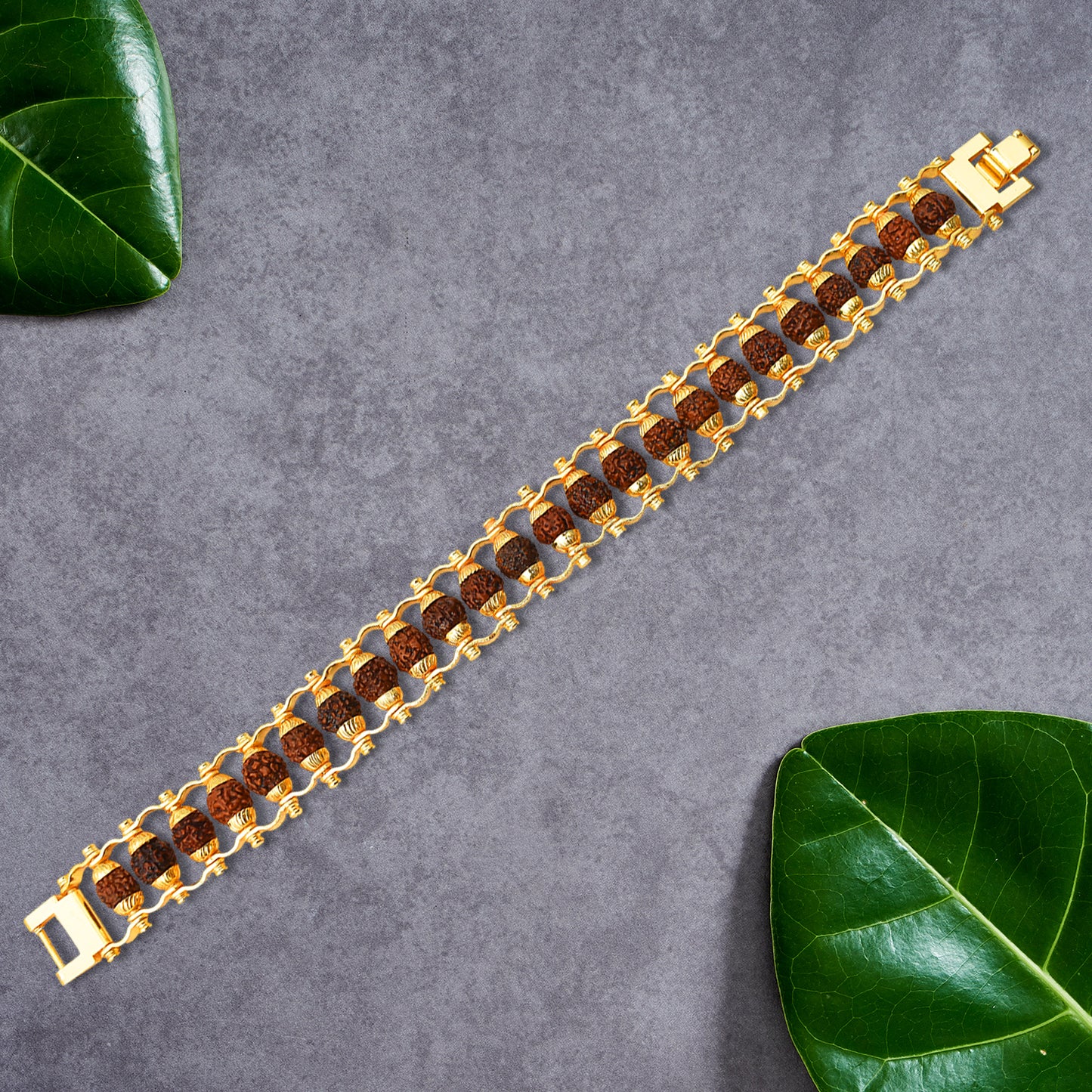 Golden modern Rudraksha bracelet Rakhi for brother by Wukusy, featuring Rudraksha beads and intricate design in a single piece.