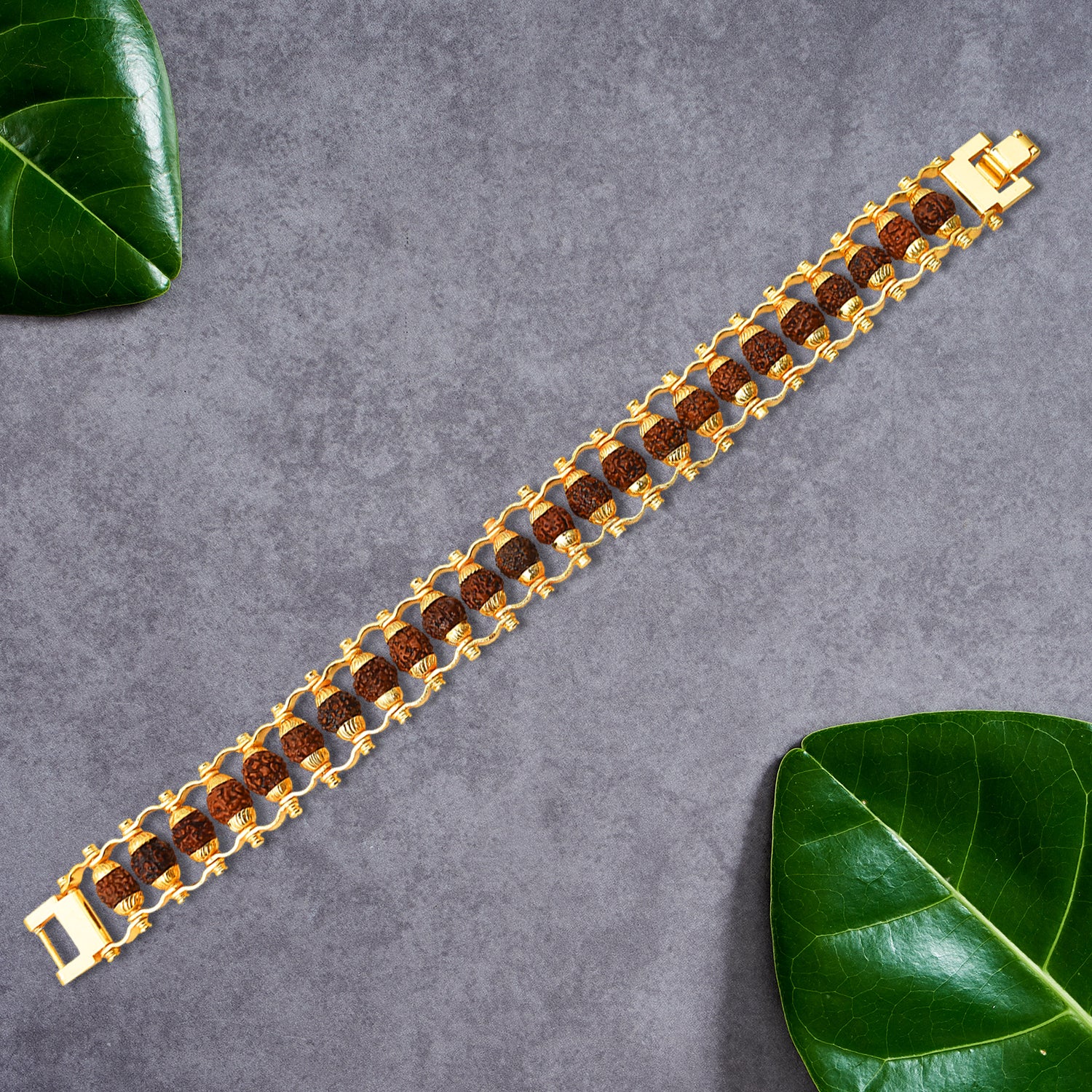 Golden modern Rudraksha bracelet Rakhi for brother by Wukusy, featuring Rudraksha beads and intricate design in a single piece.