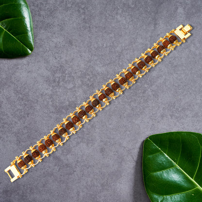 Golden modern Rudraksha bracelet Rakhi for brother by Wukusy, featuring Rudraksha beads and intricate design in a single piece.