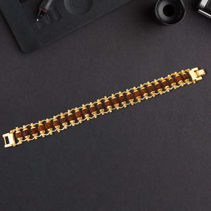 Golden Rudraksha bracelet Rakhi for brother, modern design by Wukusy, featuring authentic Rudraksha beads in a stylish bracelet.