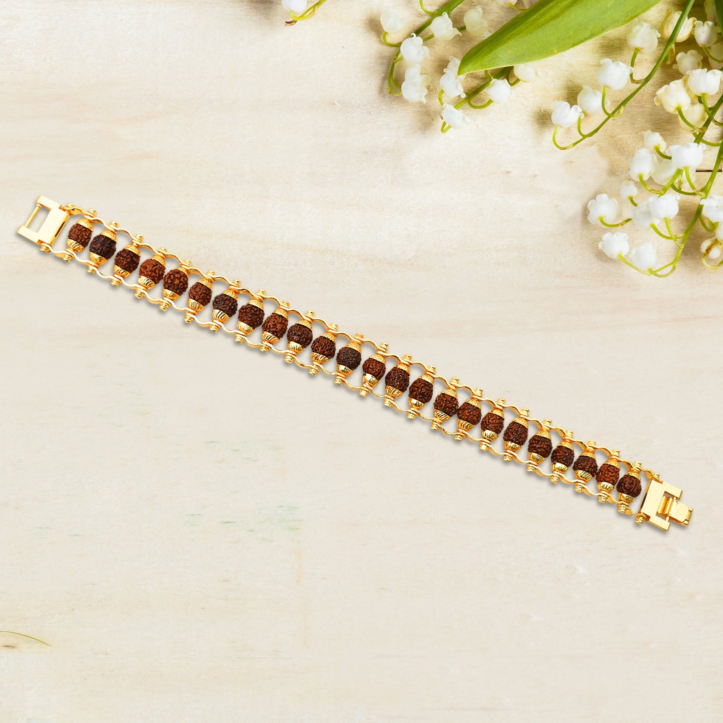 Golden modern Rudraksha bracelet Rakhi for brother by Wukusy, featuring a stylish Rudraksha bead design on a sleek bracelet.