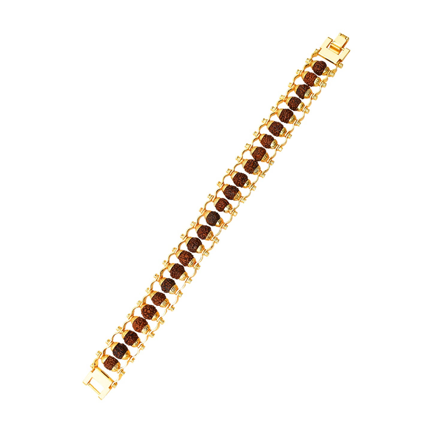 Golden modern Rudraksha bracelet Rakhi for brother, Wukusy brand, featuring Rudraksha beads on stylish bracelet for Rakhi celebration