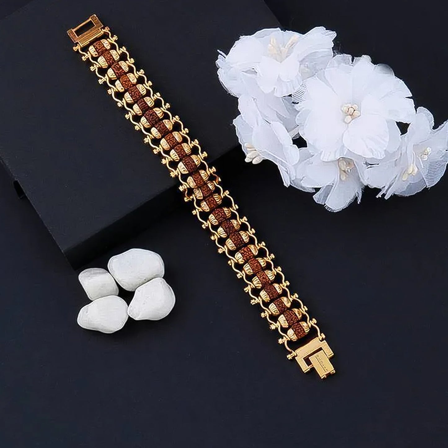 Golden modern Rudraksha bracelet Rakhi for brother by Wukusy, featuring authentic Rudraksha beads and intricate design.