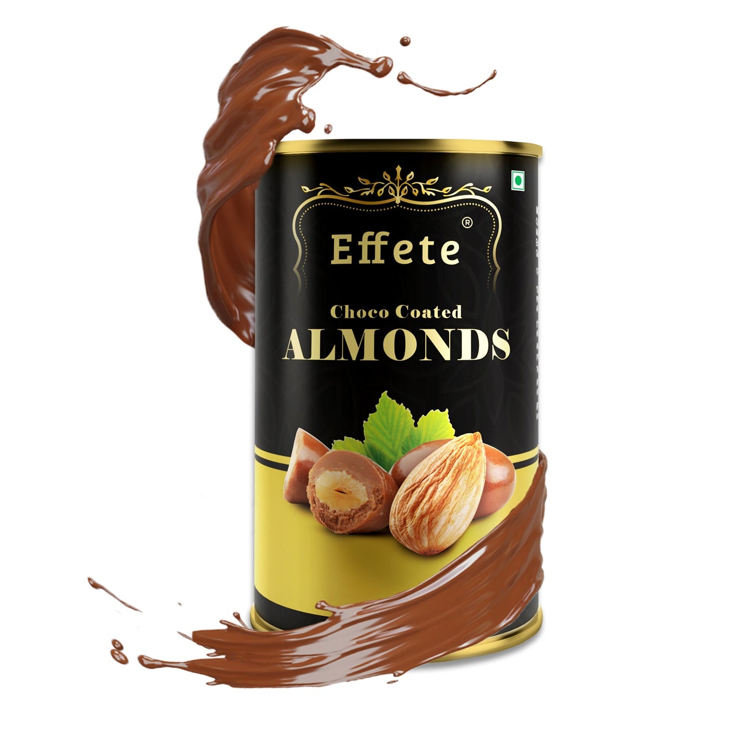 Wukusy chocolate-coated almonds with crunchy almond centers, showcasing shiny chocolate coating and nutty texture.