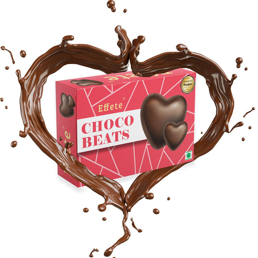 Wukusy Choco Beats heart-shaped chocolates, delicious and rich in cocoa, displayed with a glossy finish and intricate heart design.
