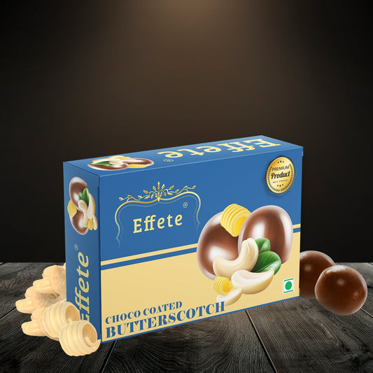 Wukusy chocolate-coated butterscotch candies with glossy caramel coating and smooth butterscotch filling.