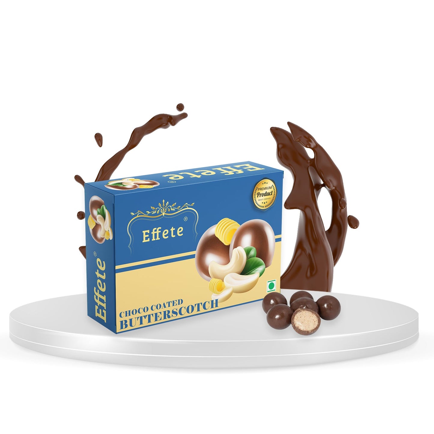 Wukusy chocolate-coated butterscotch candies with a glossy chocolate coating and butterscotch filling, close-up view.