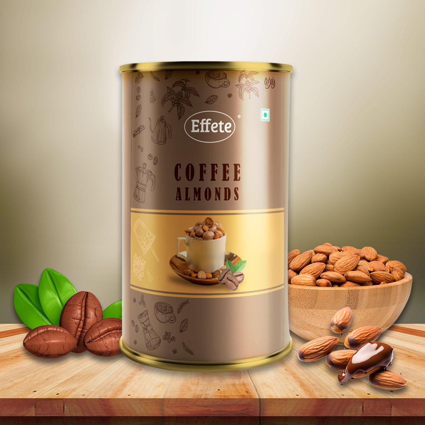 Wukusy Effete Coffee Almonds Chocolate, assorted chocolates with coffee and almond filling on a white background.