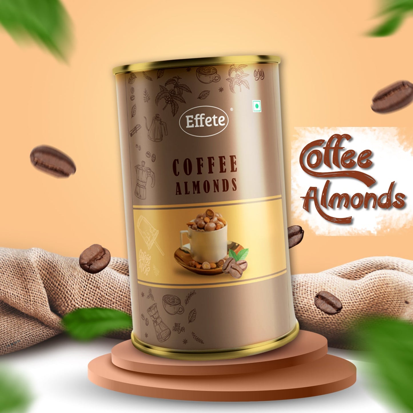 Wukusy Effete Coffee Almonds Chocolate chocolates with coffee-flavored filling and almond pieces in a sleek packaging.