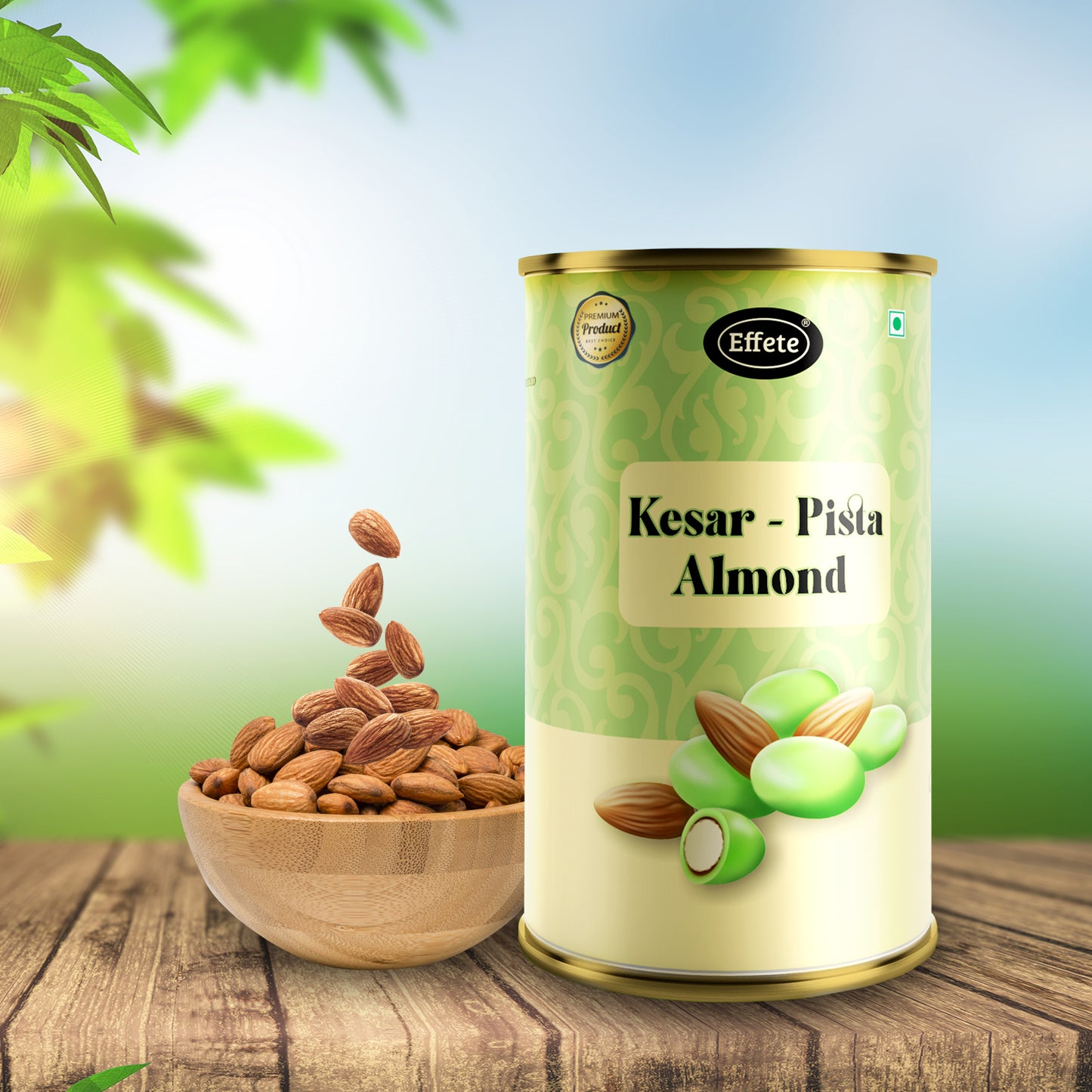 Wukusy Effete Kesar Pista Almonds Chocolate bar with almonds, pistachios, and saffron, 96g, showing the chocolate pieces with nuts and saffron.