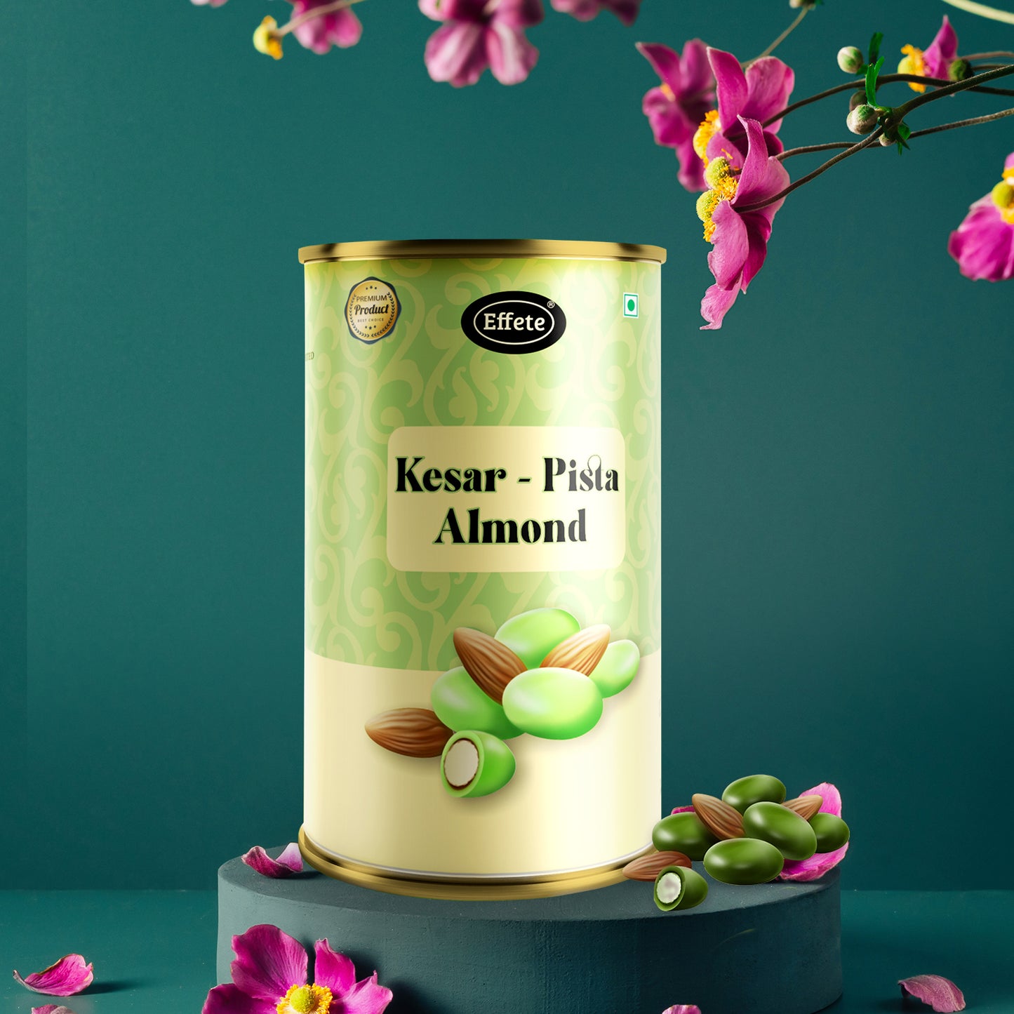Wukusy Effete Kesar Pista Almonds Chocolate, 96g, showing rich chocolate with saffron, pistachios, and almonds on the packaging.