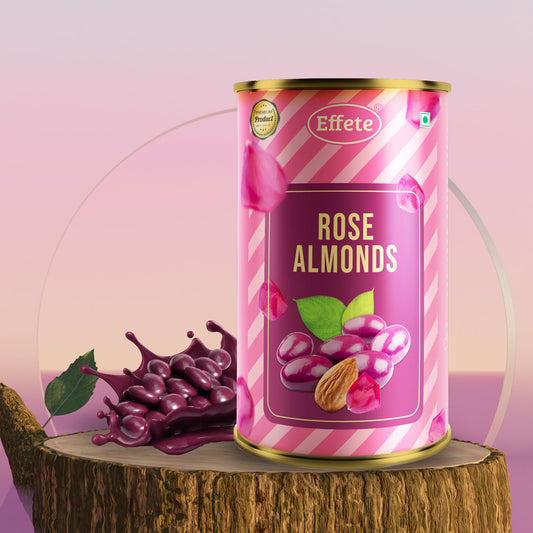 Wukusy Effete Rose Almonds Chocolate box featuring elegant chocolates with rose and almond flavors in a decorative packaging.