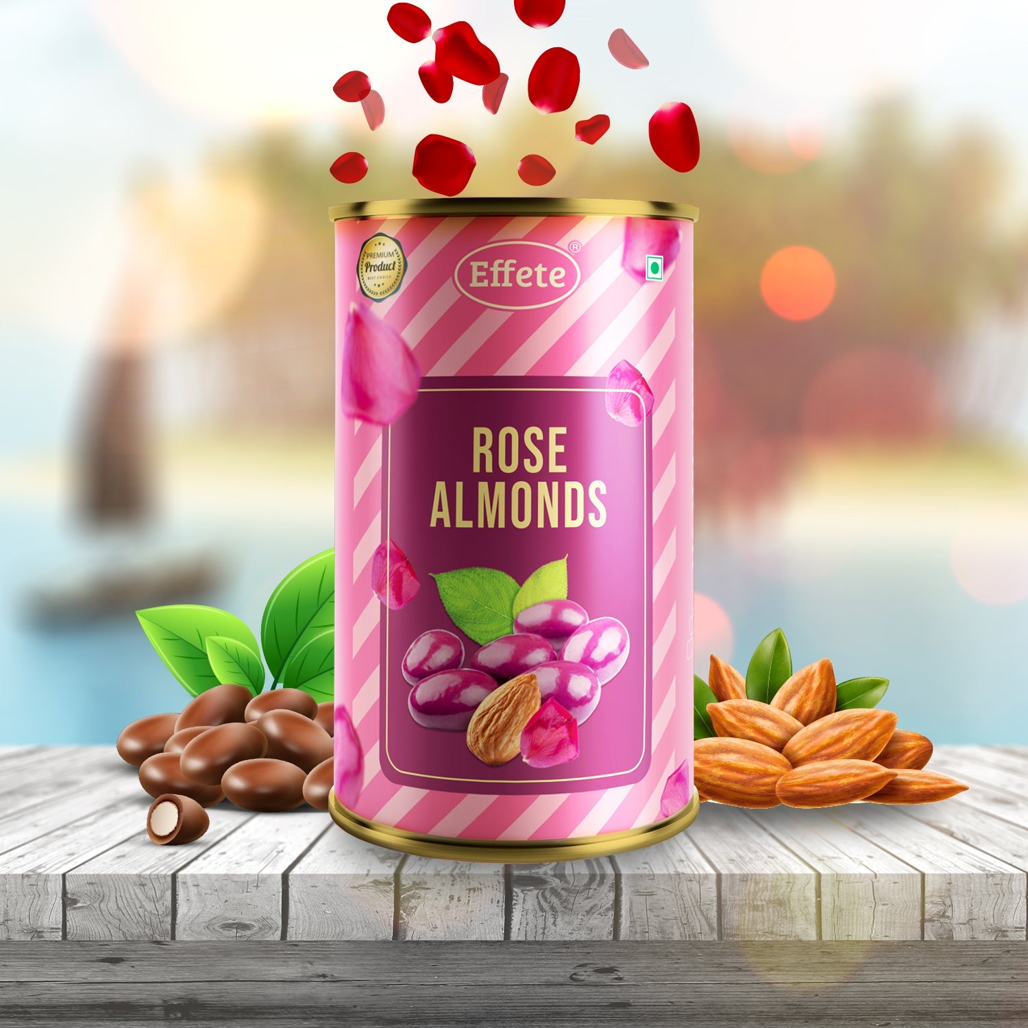 Wukusy Effete Rose Almonds Chocolate box featuring rich chocolates with rose and almond flavors in elegant packaging.