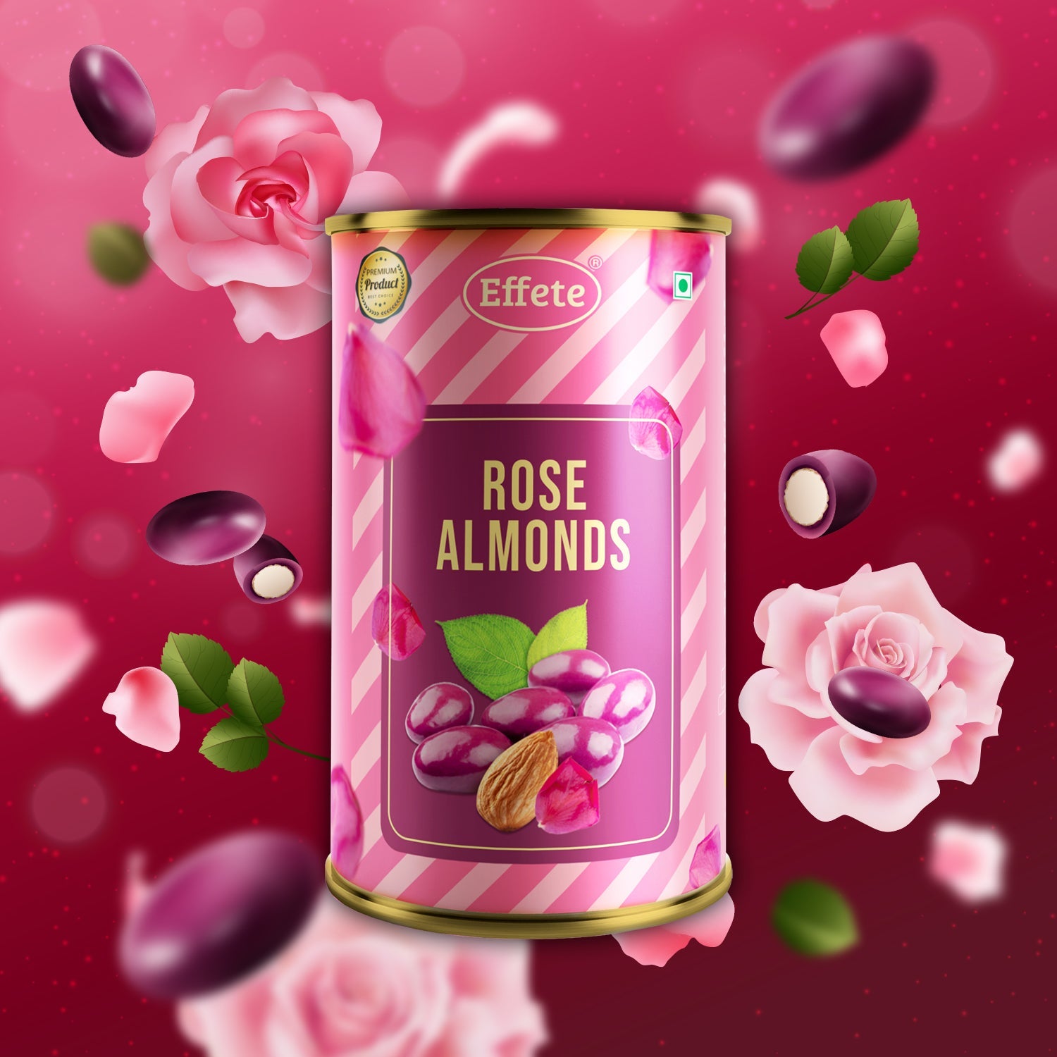 Wukusy Effete Rose Almonds Chocolate chocolates with rose flavor and almonds in a decorative box.