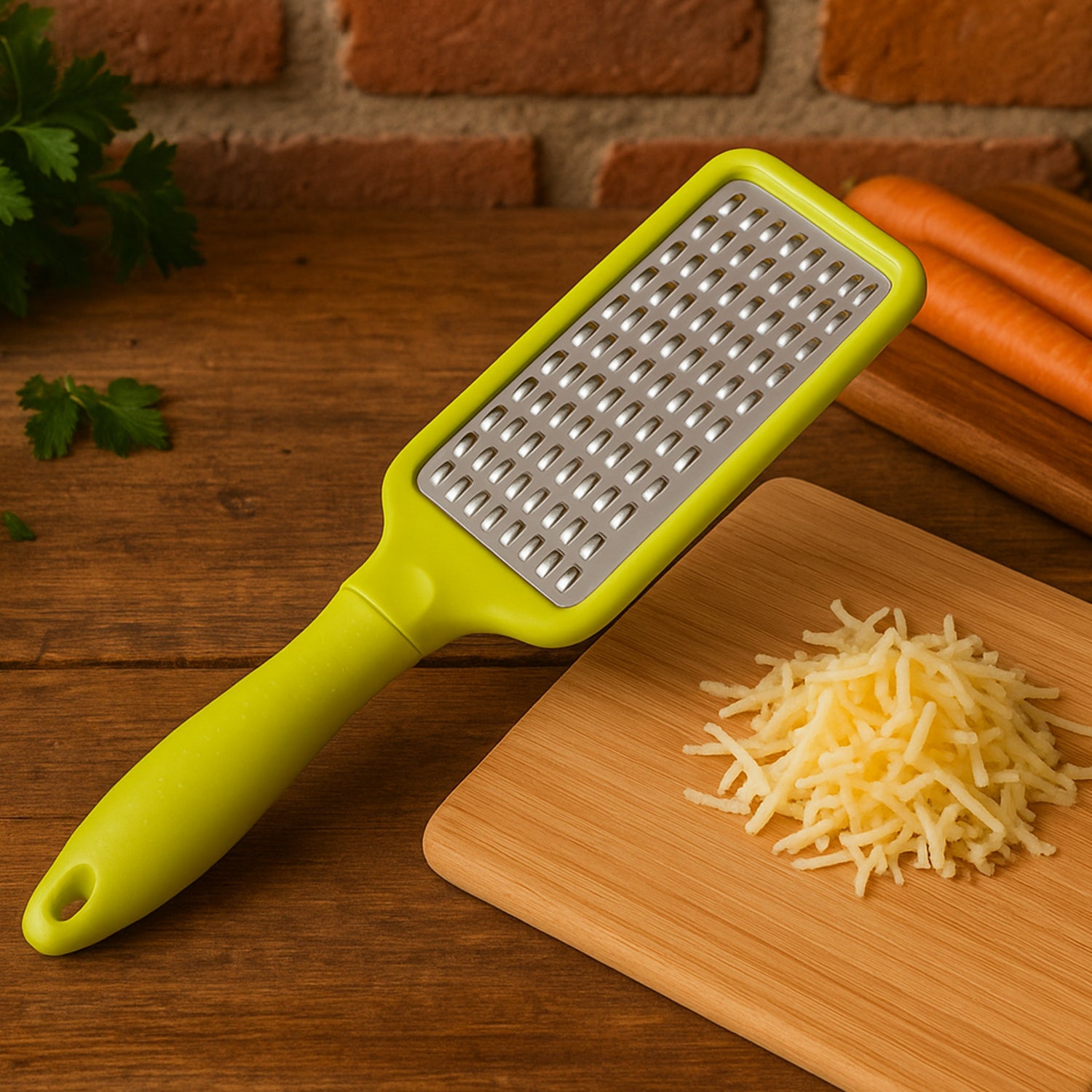 Wukusy stainless steel vegetables and fruits shredder and cheese grater for kitchen use, with a sturdy handle and sharp blades.