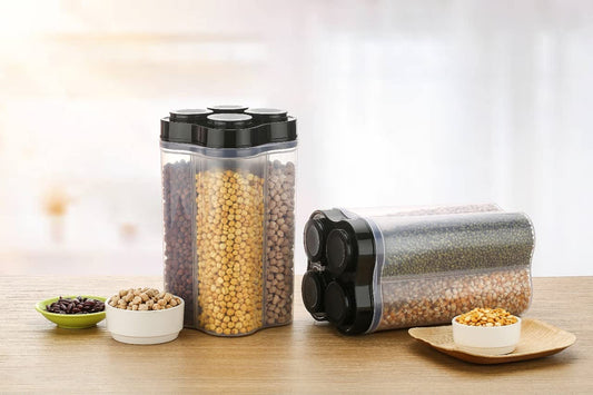 Wukusy plastic lock food storage container jar with four sections, ideal for organizing groceries in the fridge