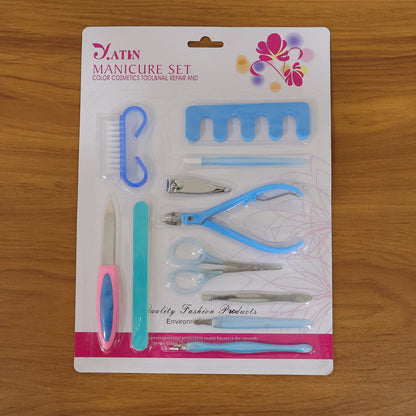 Wukusy 11-in-1 manicure pedicure nail care kit with various tools for grooming, shaping, and polishing nails.