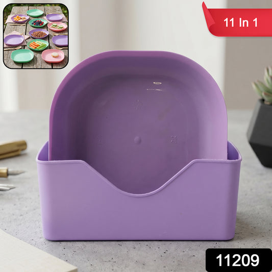 Wukusy 11-in-1 plastic snack serving tray set with multiple compartments for nuts, fruits, and snacks, perfect for parties and gatherings.