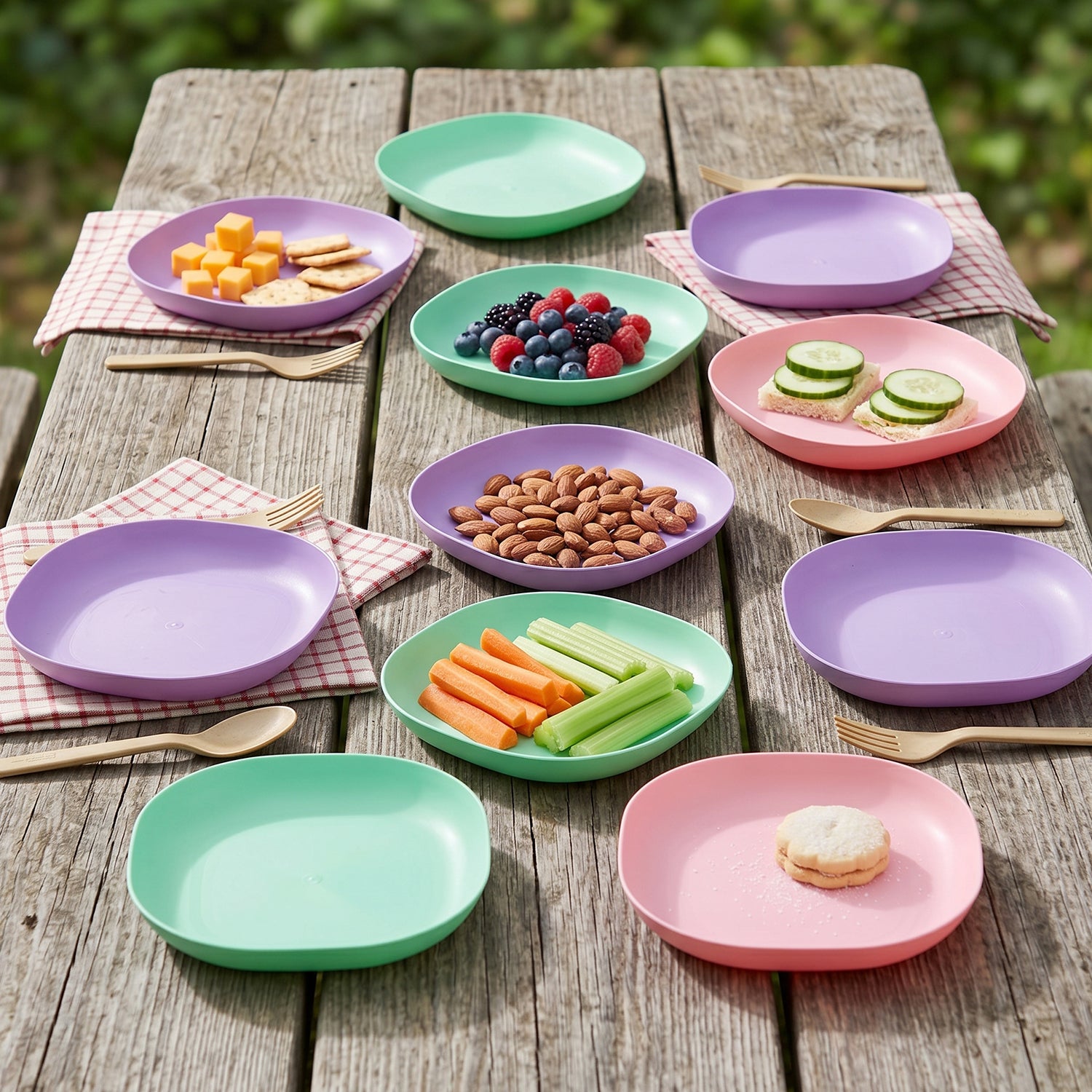 Wukusy 11-in-1 multipurpose plastic snack serving tray set with multiple compartments for snacks and appetizers.