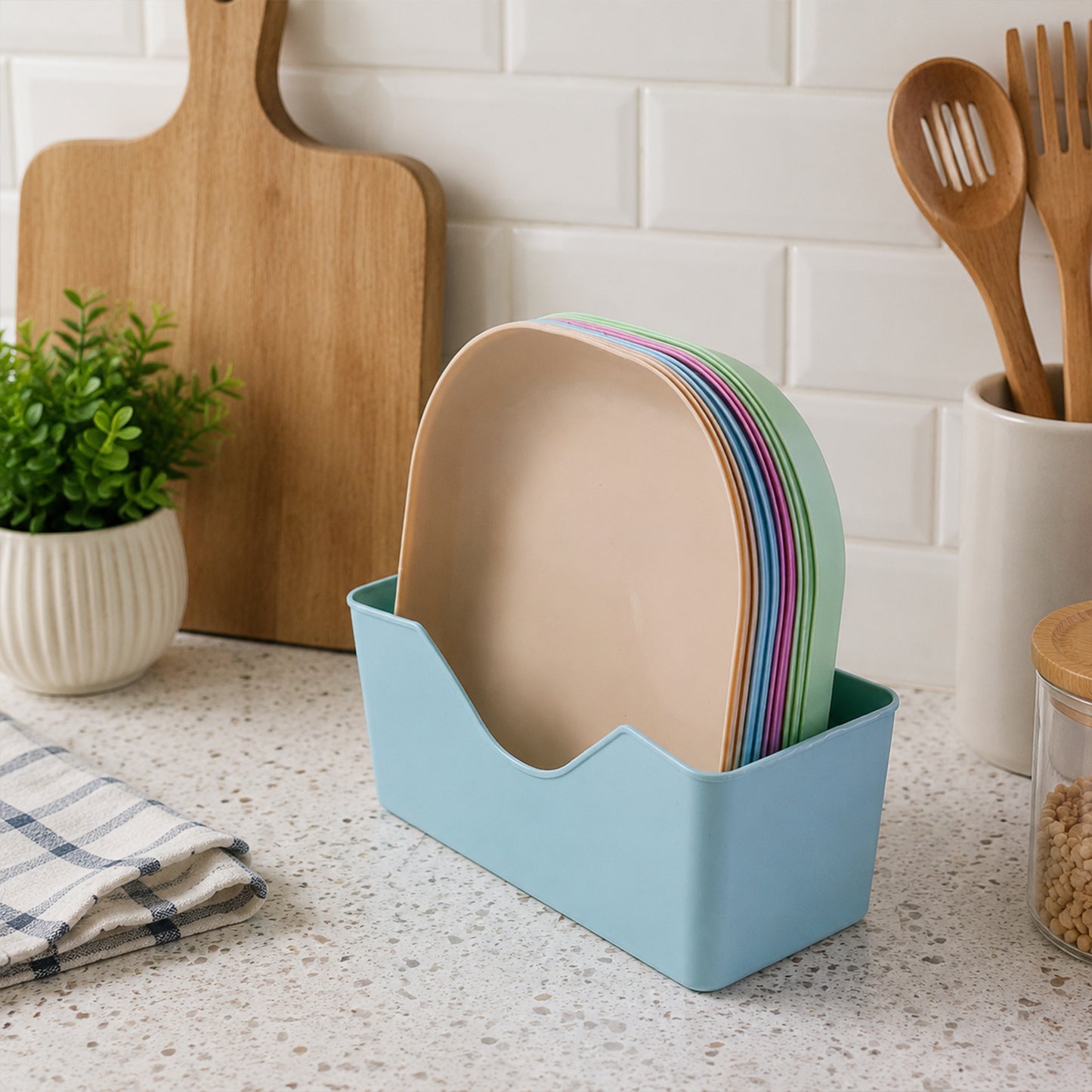 Wukusy 11-in-1 plastic snack serving plates set with multiple compartments for party snacks and appetizers.