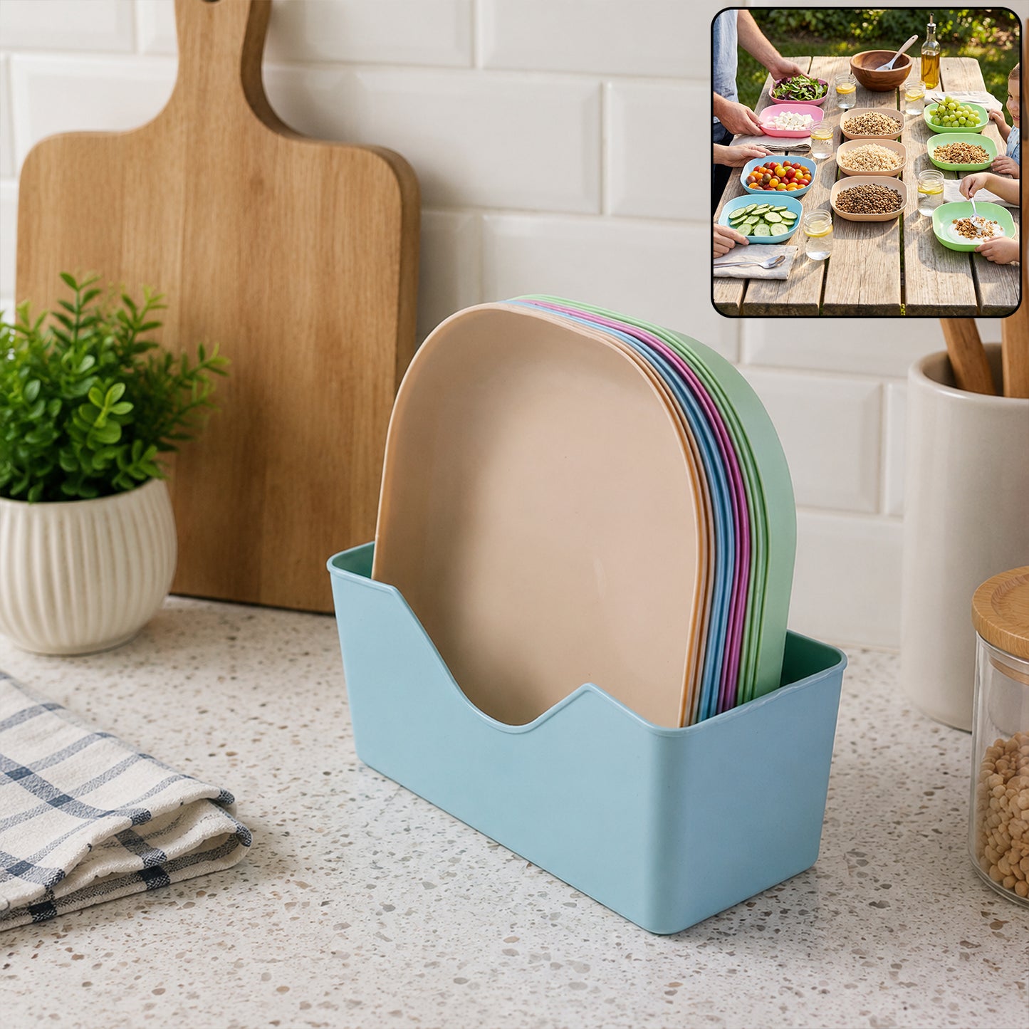Wukusy 11-in-1 plastic snack serving plates set with multiple compartments for party snacks, colorful and durable snack tray.
