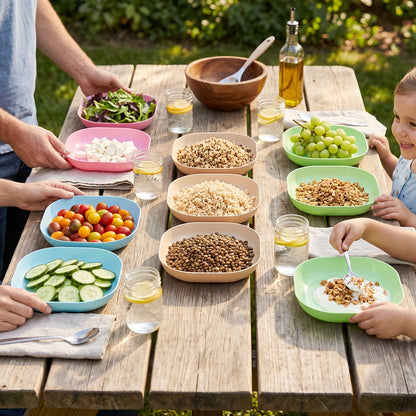 Wukusy 11-in-1 plastic snack serving plates set with multiple compartments for party snacks and appetizers.