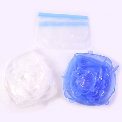 Set of 12 Wukusy reusable stretch food cover lids with two storage pouches, flexible silicone material, and colorful designs.