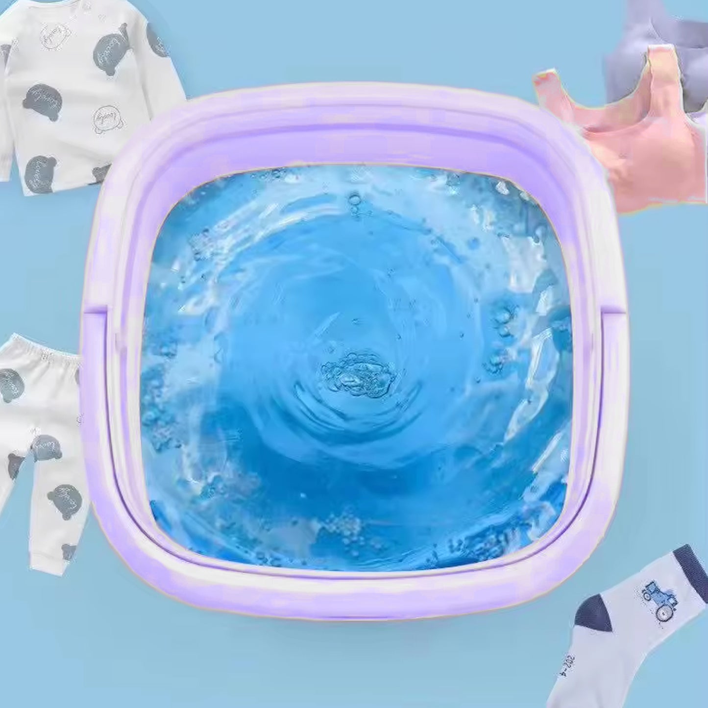 Wukusy folding mini portable washing machine for socks, underwear, baby clothes, featuring deep cleaning and foldable design.