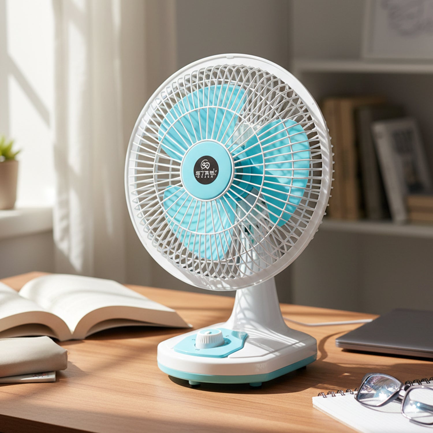 Wukusy 12V DC table fan with adjustable speed control and high airflow, compact fan for personal cooling.