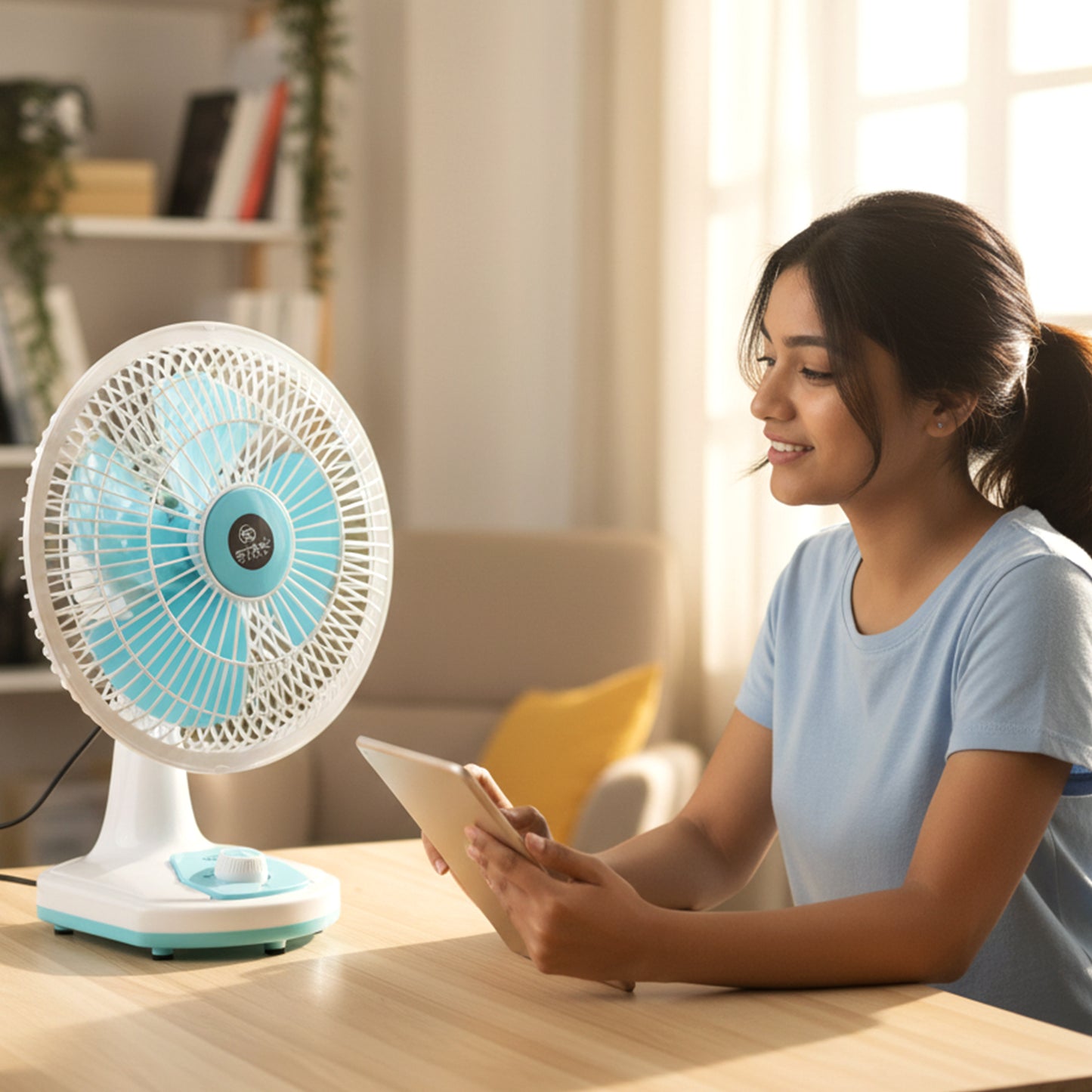 Wukusy 12V DC table fan with adjustable speed control and high-speed airflow, compact and suitable for personal cooling.