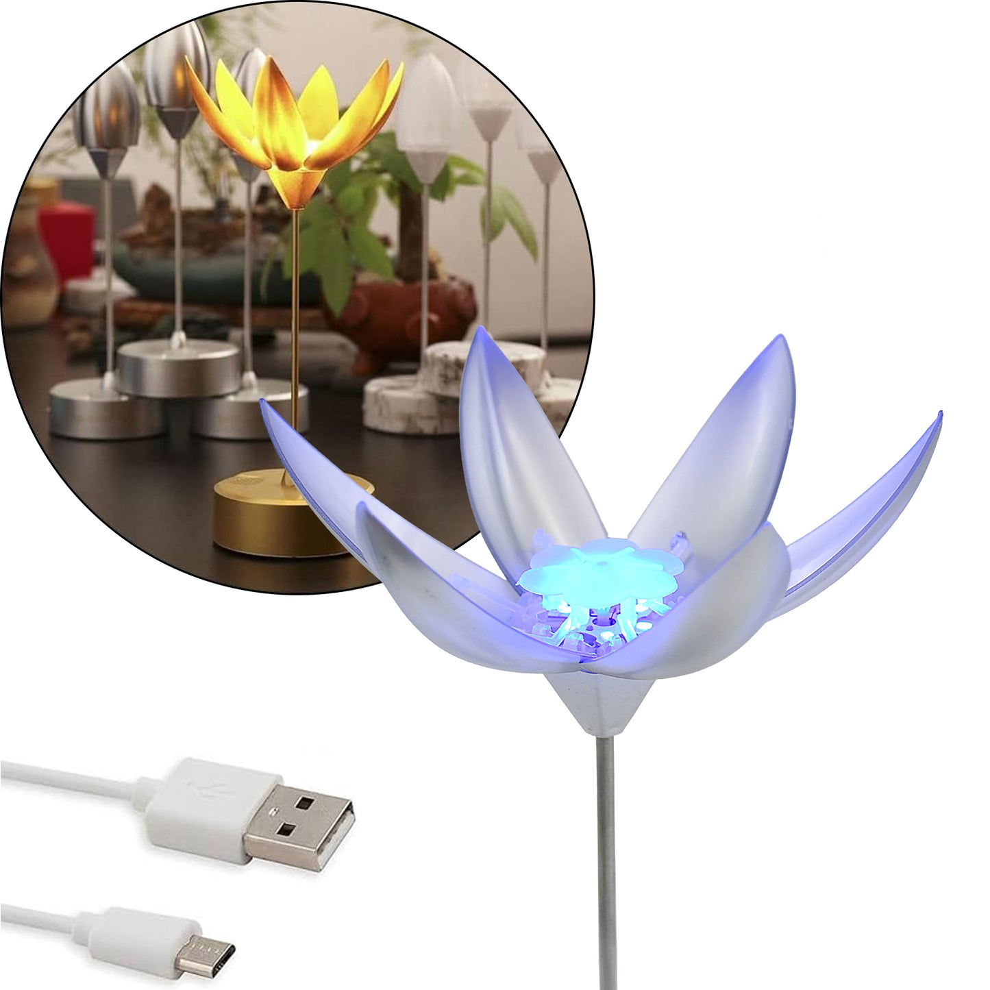 Wukusy 13074 Lotus Flower Lamp with music touch control, open and close design, USB rechargeable, single decorative light.