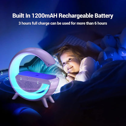 Wukusy 3-in-1 LED night lamp with Bluetooth speaker, wireless charging, mood lighting, and music controls for bedroom use.
