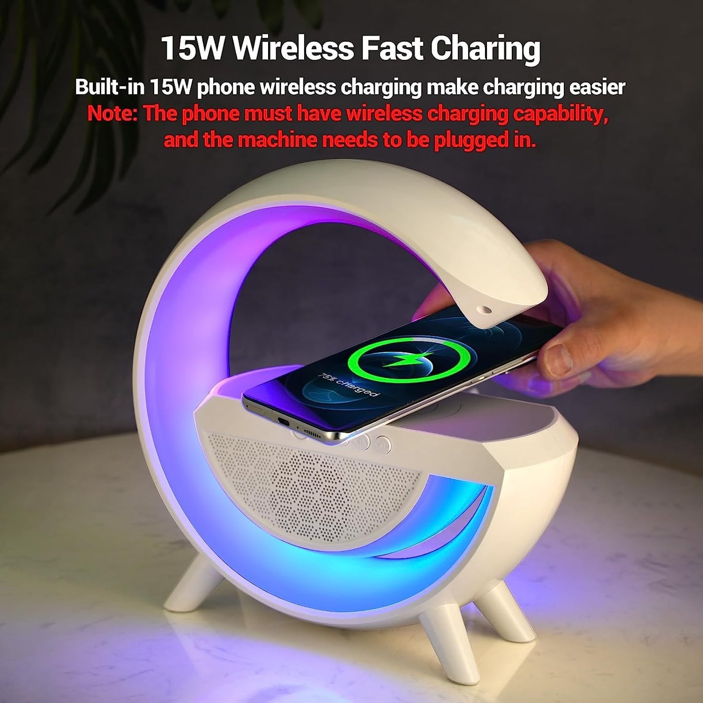Wukusy 3-in-1 LED night lamp with Bluetooth speaker, wireless charging, mood lighting, perfect for bedrooms and parties.