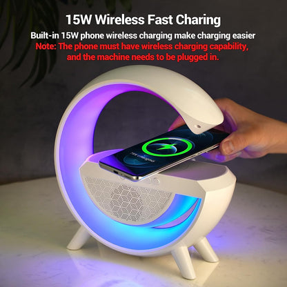 Wukusy 3-in-1 LED night lamp with Bluetooth speaker, wireless charging, mood lighting, perfect for bedrooms and parties.