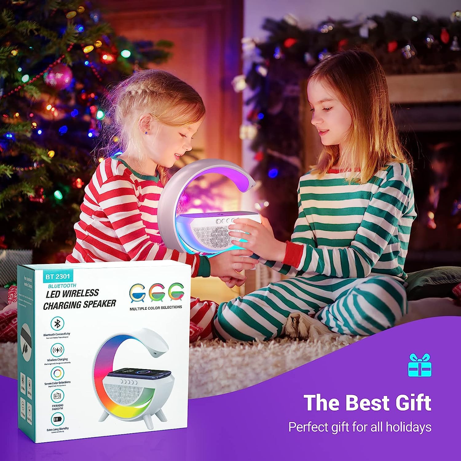 Wukusy 3-in-1 LED night lamp with Bluetooth speaker, wireless charging, and mood lighting for bedroom, music, and parties.