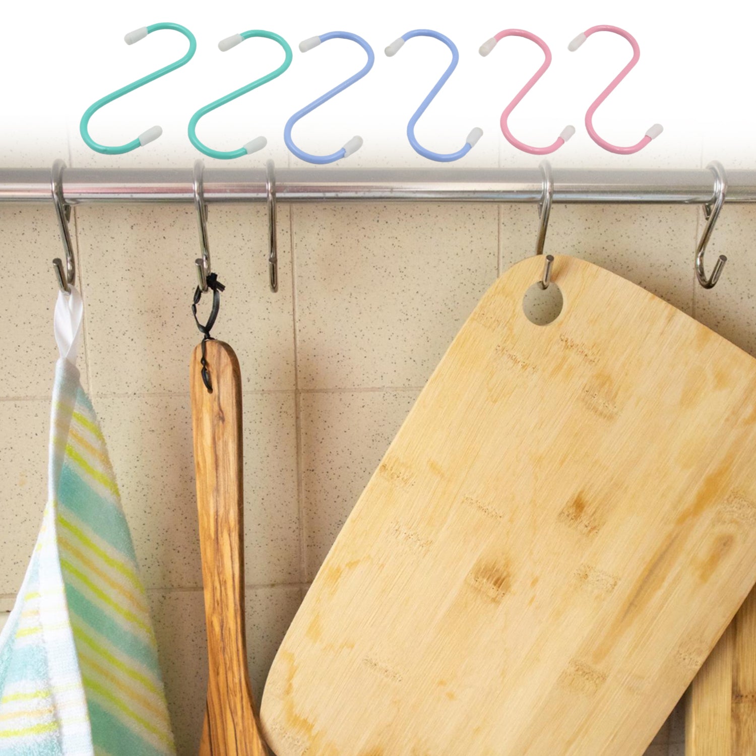 Set of six Wukusy heavy-duty S-shaped metal hooks for hanging clothes, kitchen, wardrobe, workshop, bathroom, and garden use.