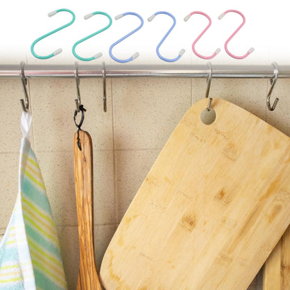 Set of six Wukusy heavy-duty S-shaped metal hooks for hanging clothes, kitchen, wardrobe, workshop, bathroom, and garden use.