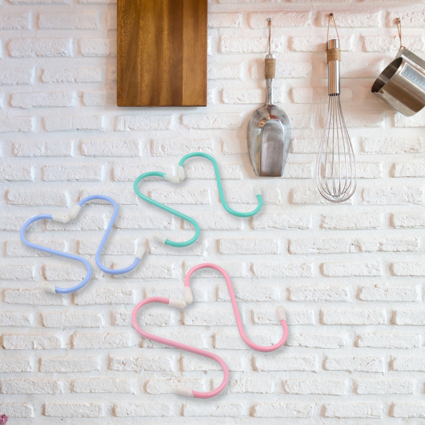 Set of six Wukusy S-shaped metal hooks for hanging clothes, tools, and accessories in kitchen, wardrobe, workshop, bathroom, or garden.